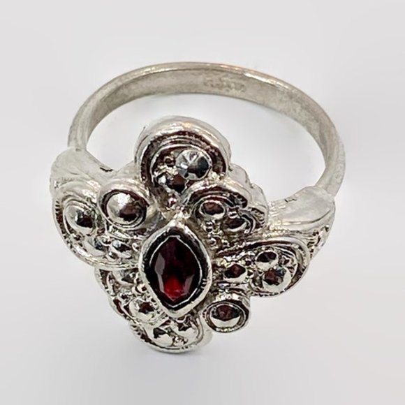Ornate Ring, Red, Sterling Silver, Vintage, Size 7 1/2, Faux Garnet, Art Nouveau - Picture 6 of 6